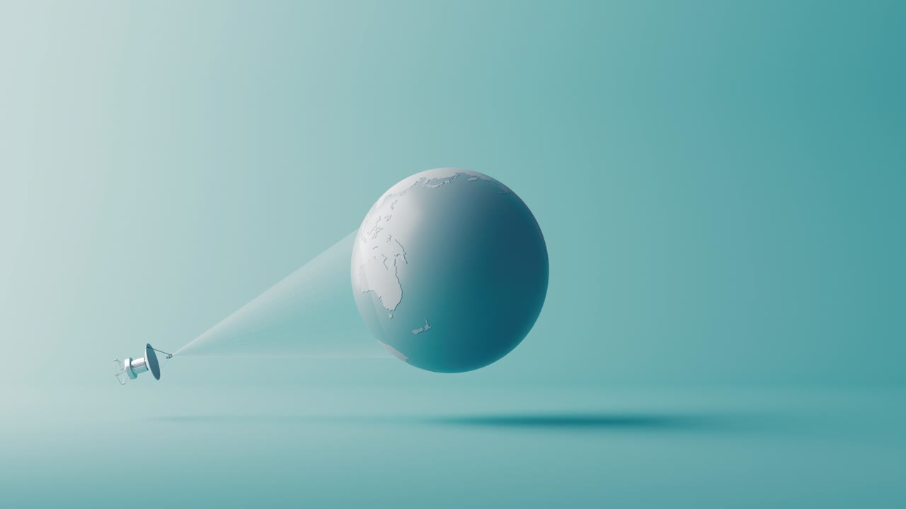 An artificial satellite of cellular communication and GPS rotates in orbit around the earth, transmitting a signal. Loop video monochrome. 3d render