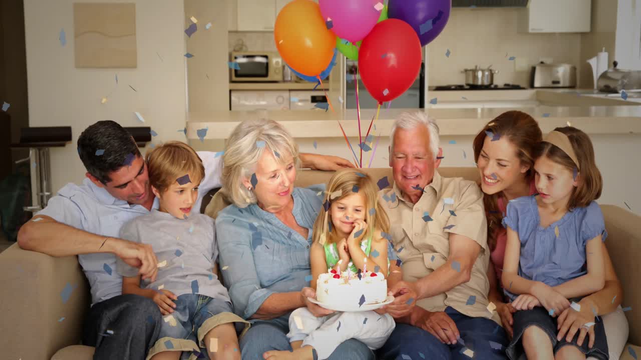 파티 에서 행복 한 백인 가족 위 에 있는 콘페티 의 애니메이션