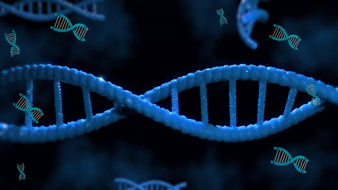 animación digital de múltiples estructuras de adn girando contra un fondo azul