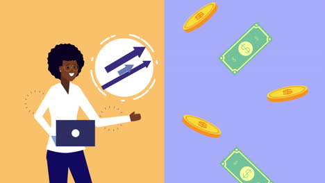 afro businesswoman using laptop with money animation