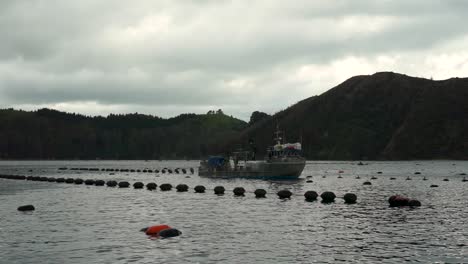 slowmo - mussel and oyster boat harvesting at mussel farm in marlborough sounds, new zealand