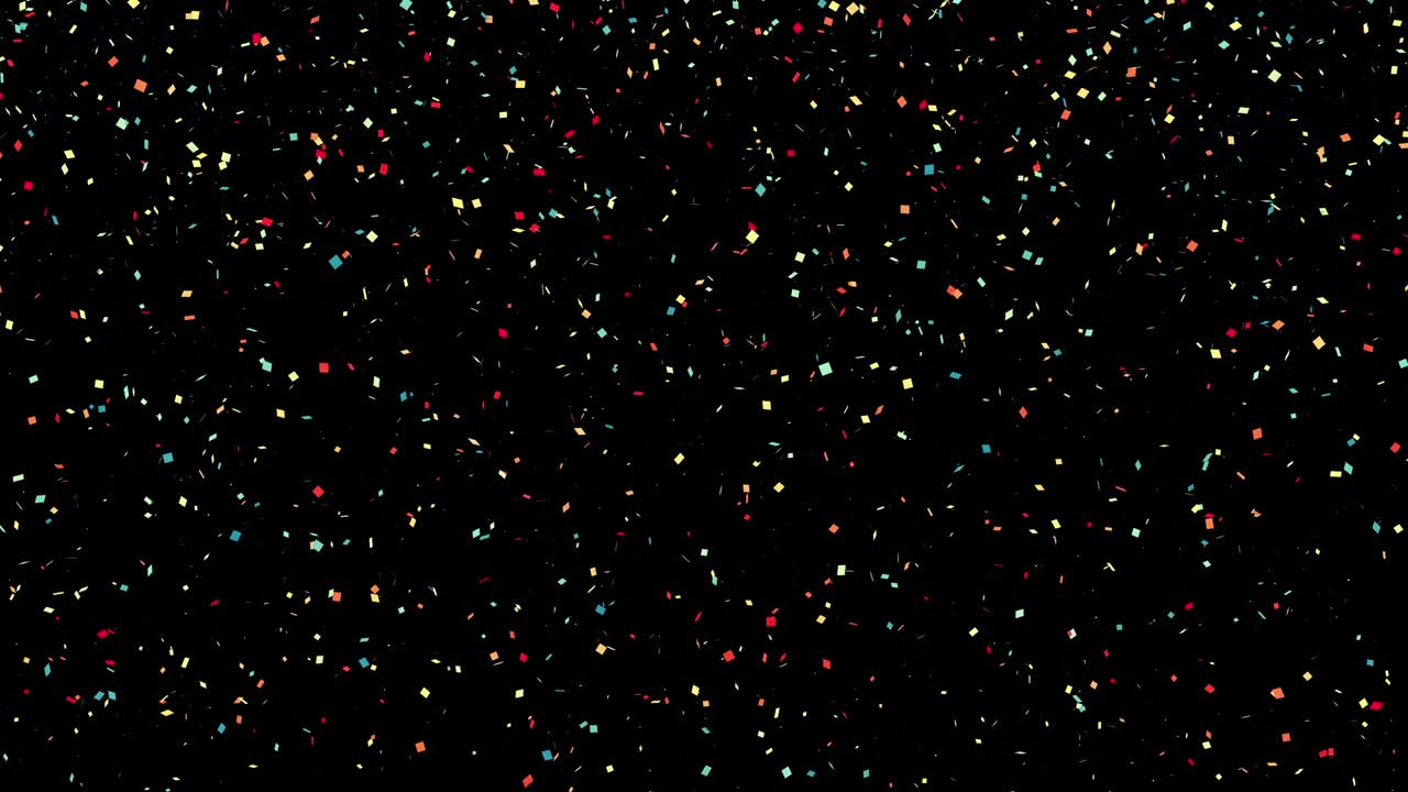 Färgglad konfetti som faller i en sömlös loop. Festligt ljust glitter på svart bakgrund