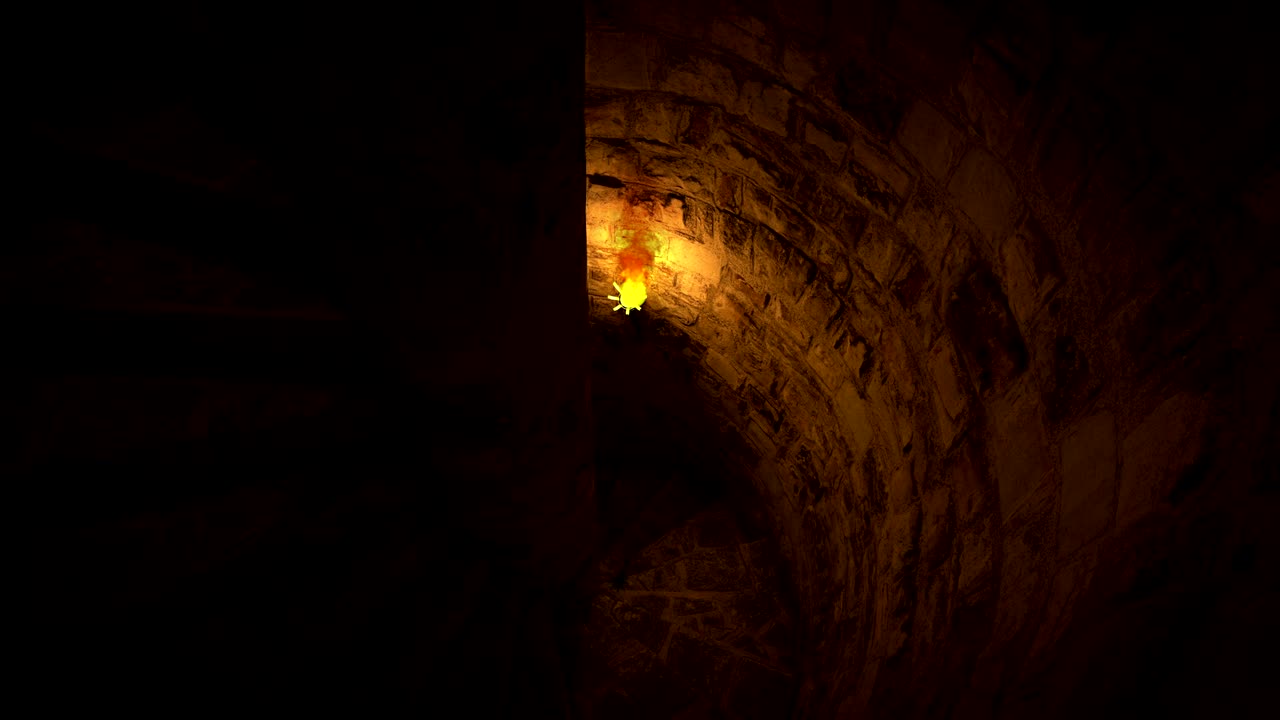 Old castle staircase with torches, looping 3D animation