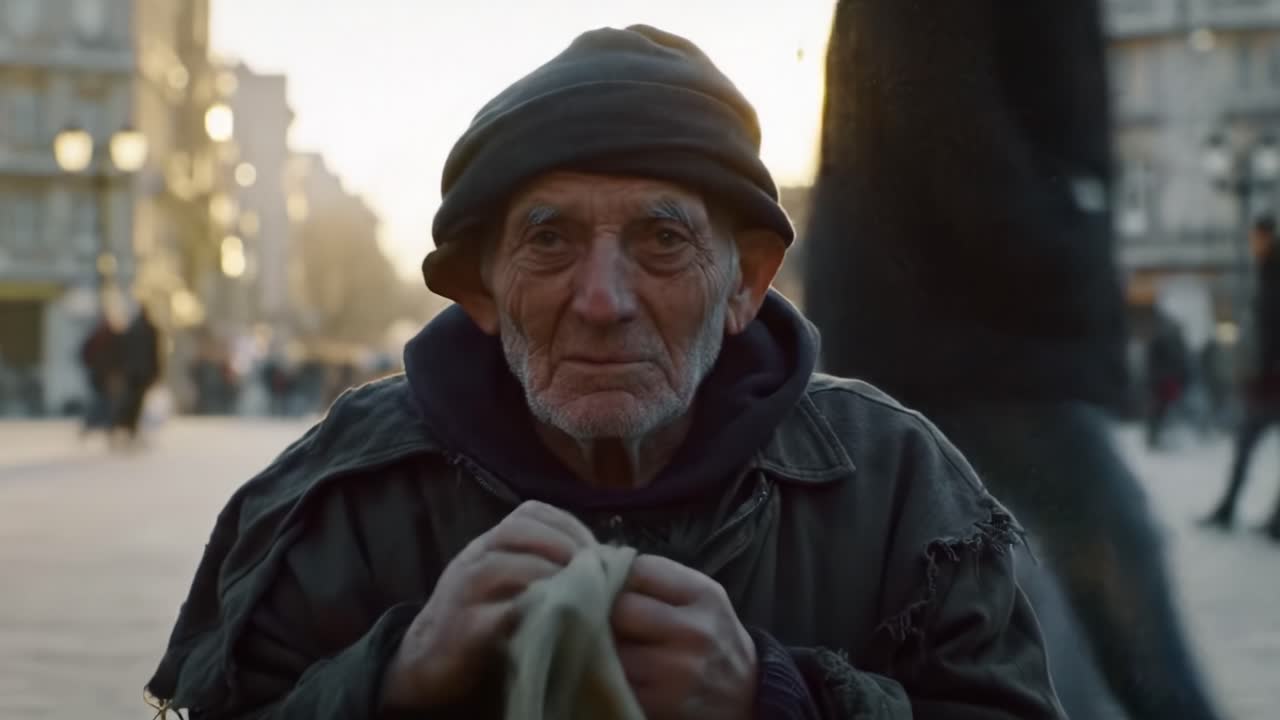 An elderly man stands in a vibrant city square, bundled in layers against the cold. The golden light of sunset casts a warm glow, highlighting the contrast of his rugged attire and the lively crowd.