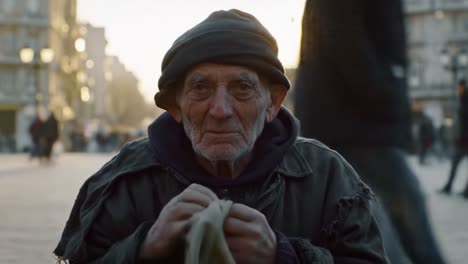 an elderly man stands in a vibrant city square, bundled in layers against the cold. the golden light of sunset casts a warm glow, highlighting the contrast of his rugged attire and the lively crowd.