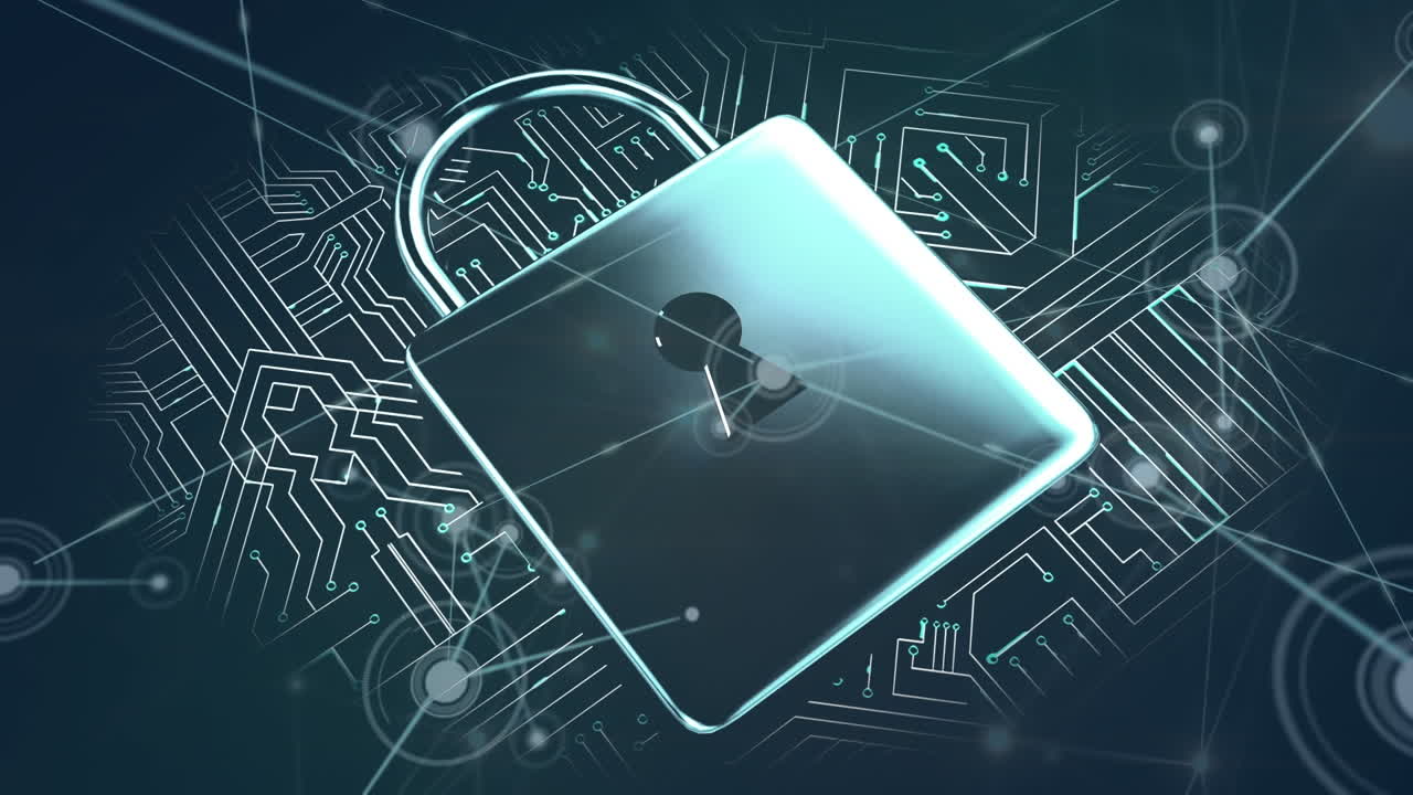 animación de redes de conexiones y icono de candado sobre fondo negro