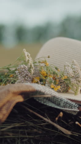 primer plano de un sombrero de sol y flores silvestres descansando en una manta sobre una bala de heno, con un fondo de enfoque suave de un campo abierto y una vista parcial de una persona