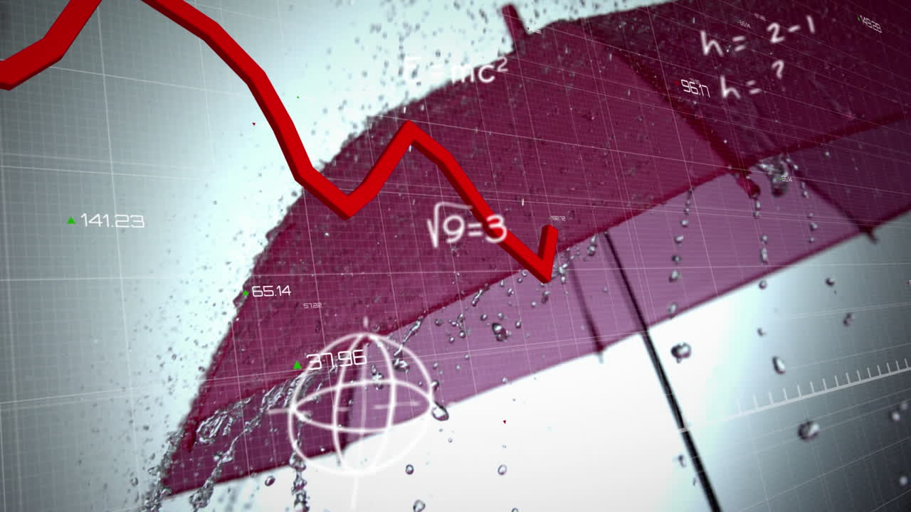 ⁇ 은 그래프와 숫자가 우산 위에 떨어지는 물에 맞서 움직입니다.