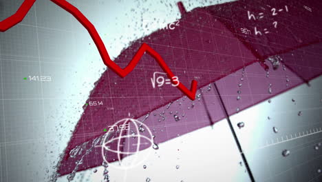 gráficos rojos y números que se mueven contra el agua que cae sobre un paraguas