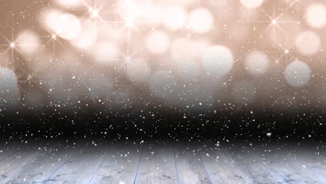 animación de nieve cayendo sobre puntos de luz con espacio de copia y tablas de madera