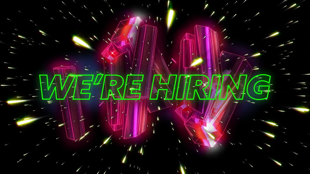 We''re Hiring text animation over neon geometric shapes and starry background