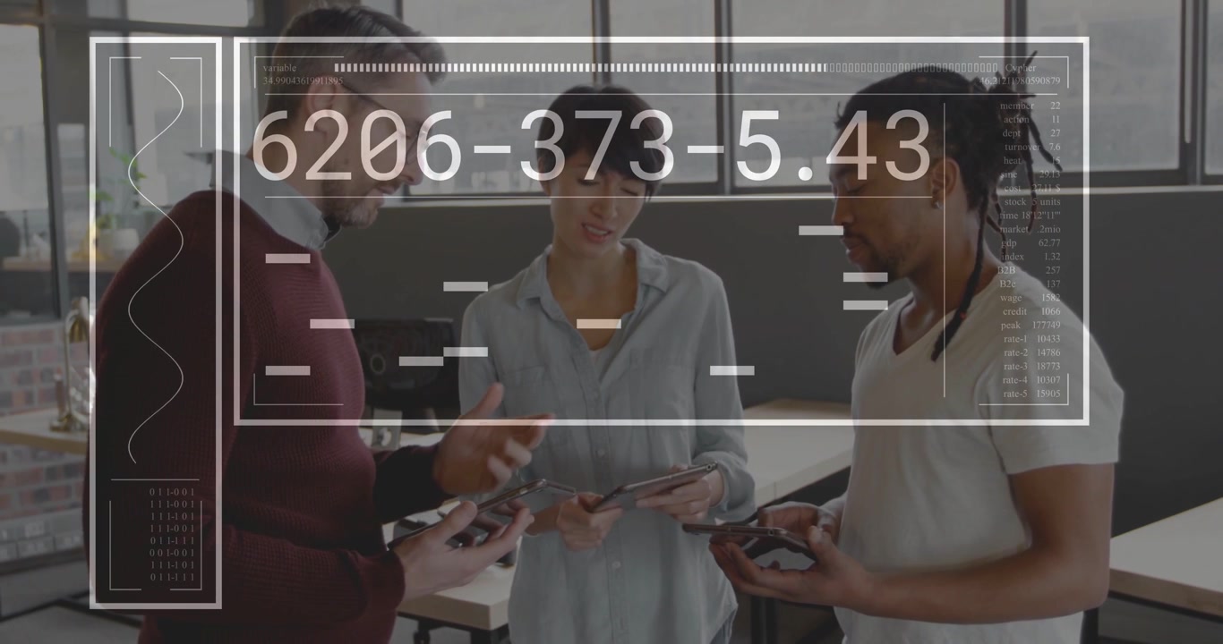 Vertical video: HUD updating, trio in office comparing tablets and phones to verify codes, blouse