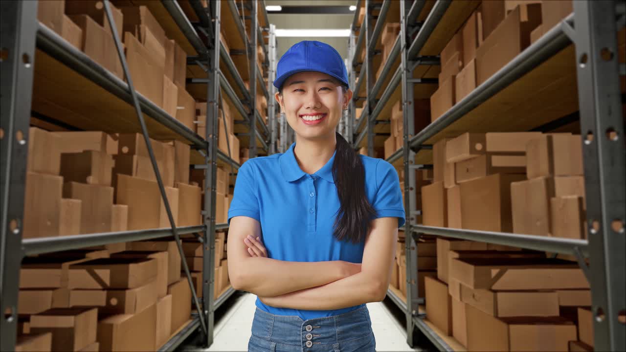 mensajera asiática en uniforme azul sonriendo cruzando los brazos en el almacén