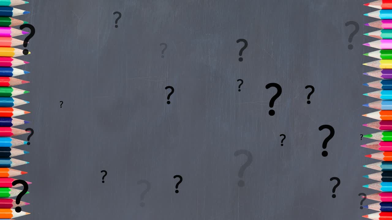 animación de signos de interrogación sobre lápices de colores sobre un fondo gris