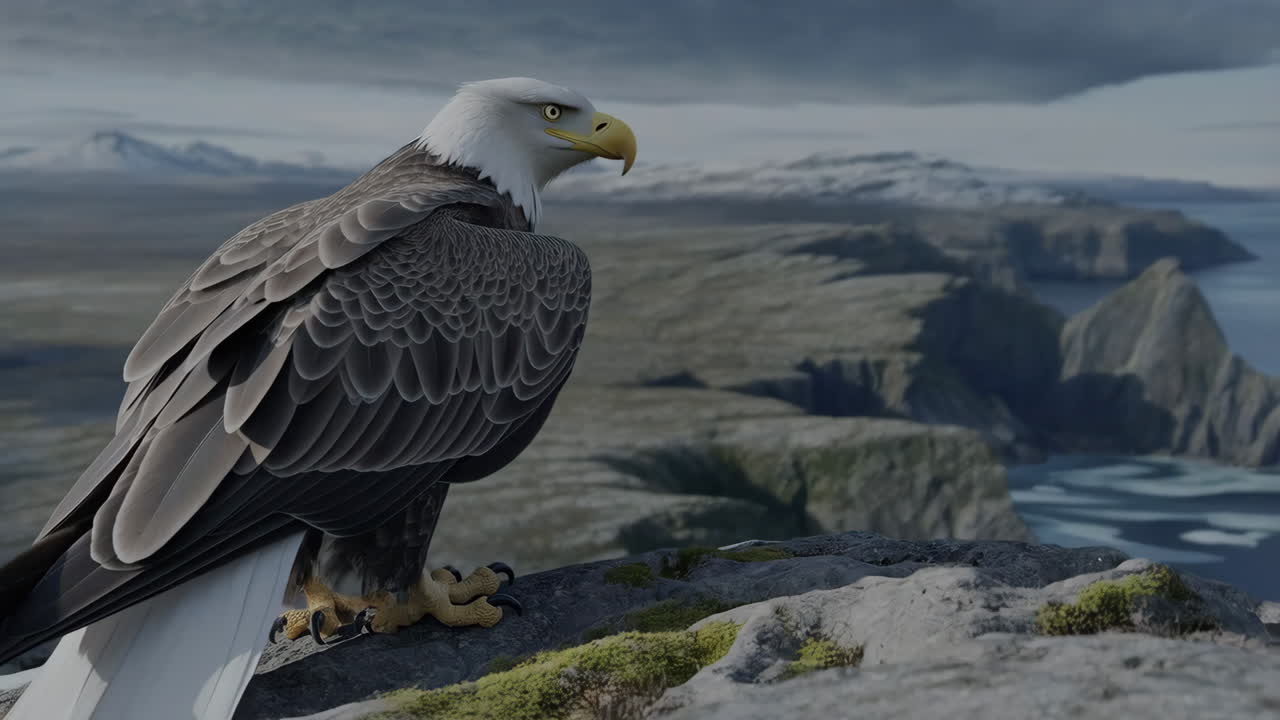 Bald Eagle Overlooking a Mountainous Coastal Landscape