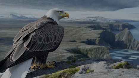 bald eagle overlooking a mountainous coastal landscape