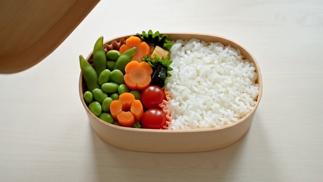 Hände öffnen traditionelle japanische Bento-Lunchbox mit Gemüse