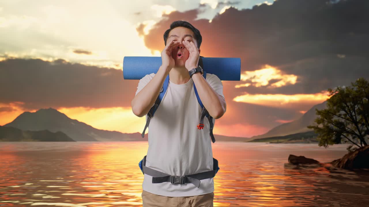 Asian Male Hiker With Mountaineering Backpack Screaming Holding Hands Near His Mouth At A Lake