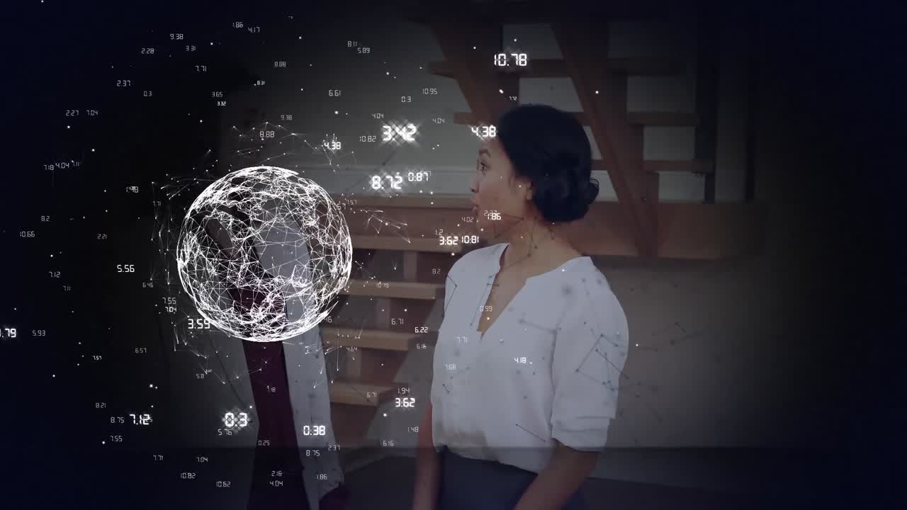 animación de la red global de procesamiento de datos sobre diversos colegas hablando en la oficina