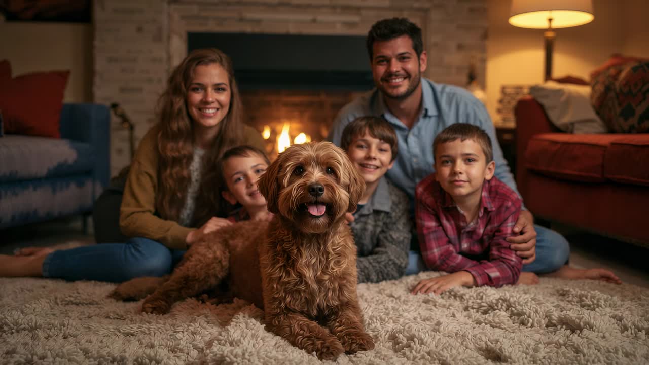 Tightening camera zoom, doodle dog moving forward while family posing on shag rug, lit fireplace