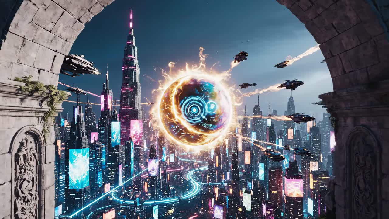 Futuristic Cityscape with Flying Vehicles and Energy Sphere