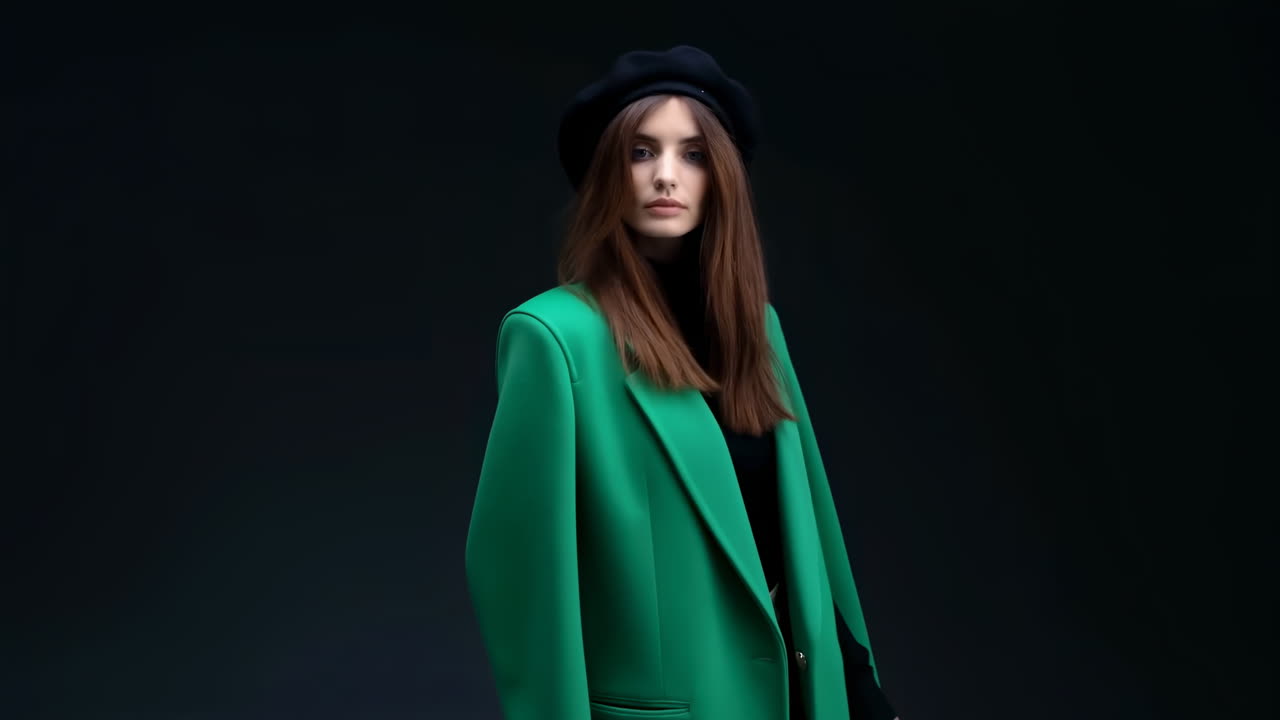 Stylish Young Woman in Green Blazer and Beret Turning to Camera