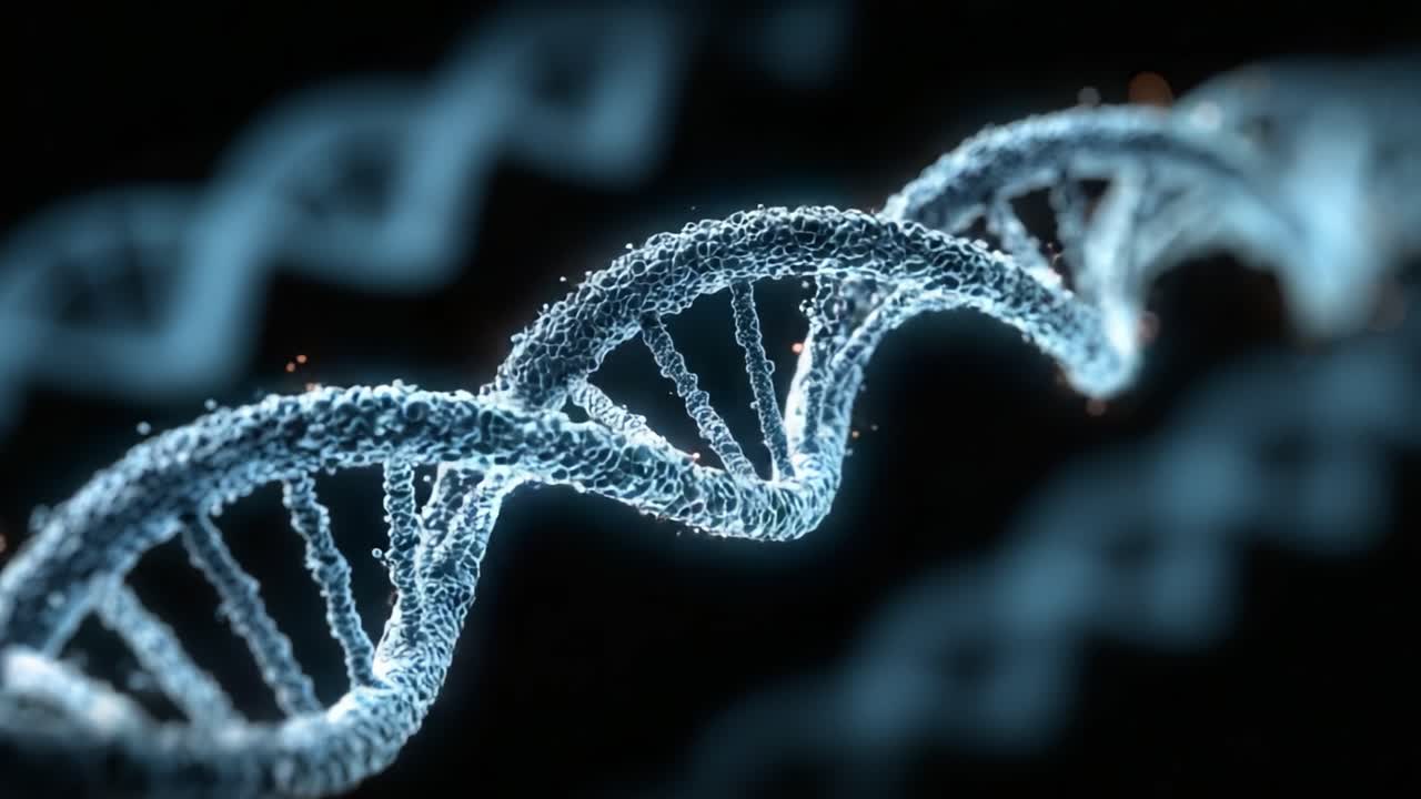 Esplorando l'eleganza del DNA: una splendida visualizzazione della struttura a doppia elica con molecole d'acqua scintillanti che evidenziano le informazioni genetiche.