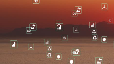 animación de iconos de sostenibilidad y ecología sobre el paisaje