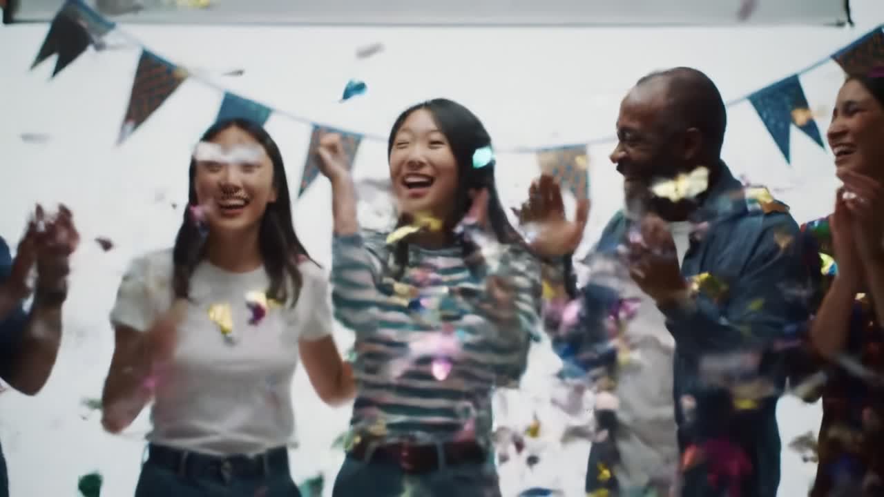 Joyful Celebration with Confetti: A Group of Friends Sharing Laughter and Happiness in a Colorful Setting, Capturing Moments of Togetherness and Excitement
