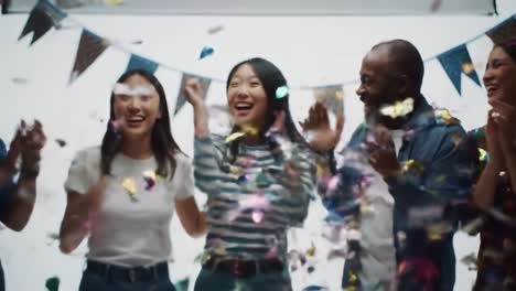 joyful celebration with confetti: a group of friends sharing laughter and happiness in a colorful setting, capturing moments of togetherness and excitement