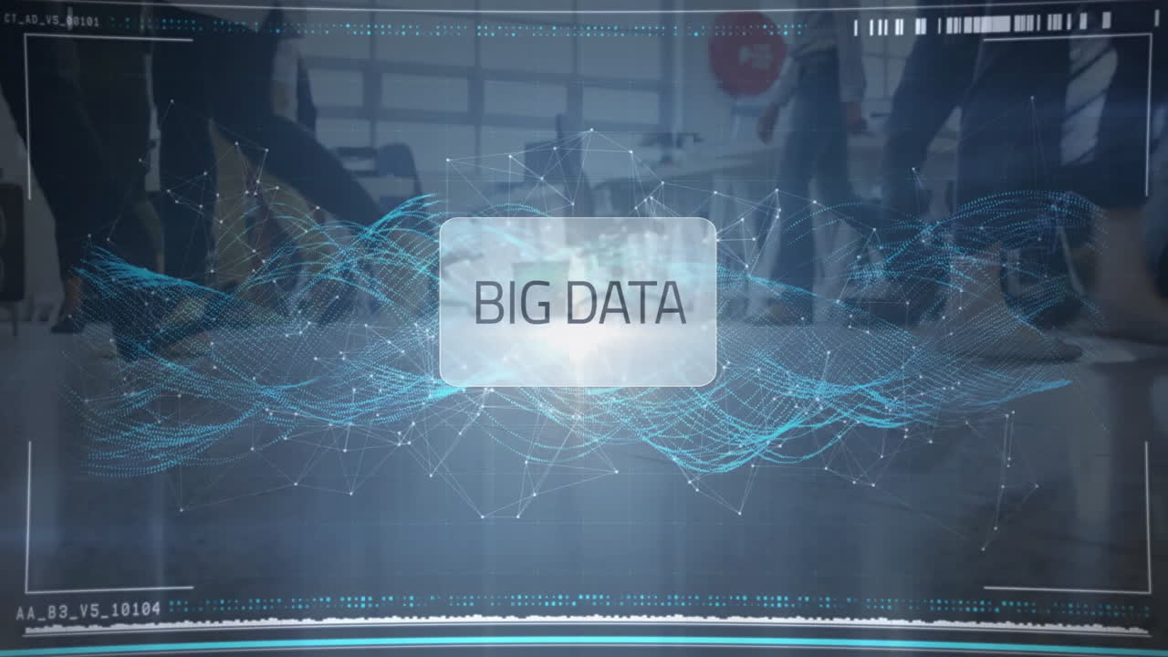 Big data text with digital network animation over people working in office