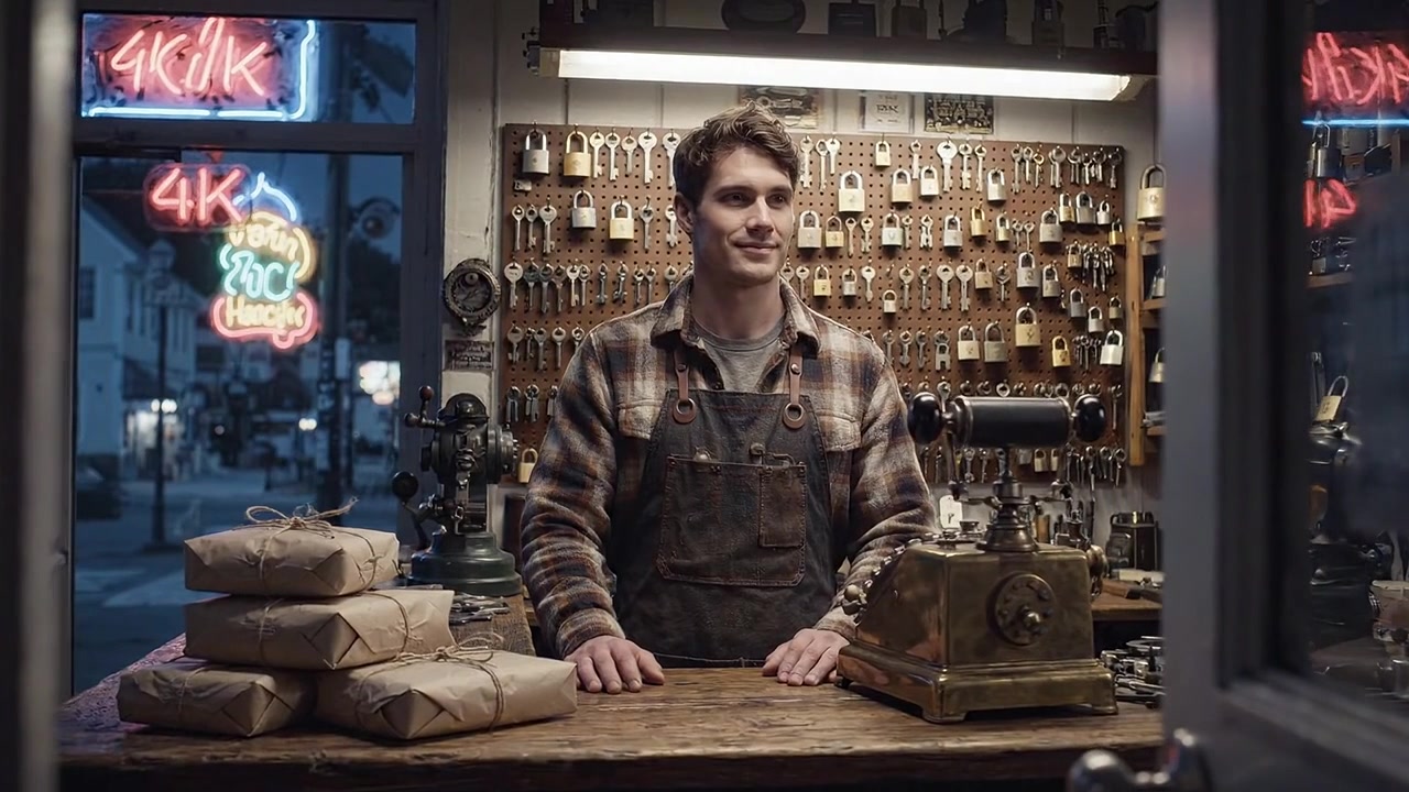 Artesano trabajando: Un artesano amable detrás de un mostrador de madera, rodeado de herramientas vintage y paquetes envueltos, iluminado por letreros de neón brillantes en una tienda con encanto.