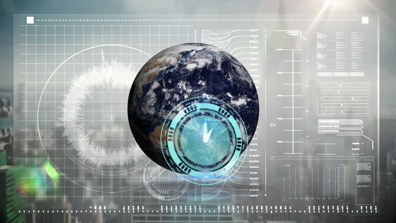 Animation of clock over globe and data processing on screen