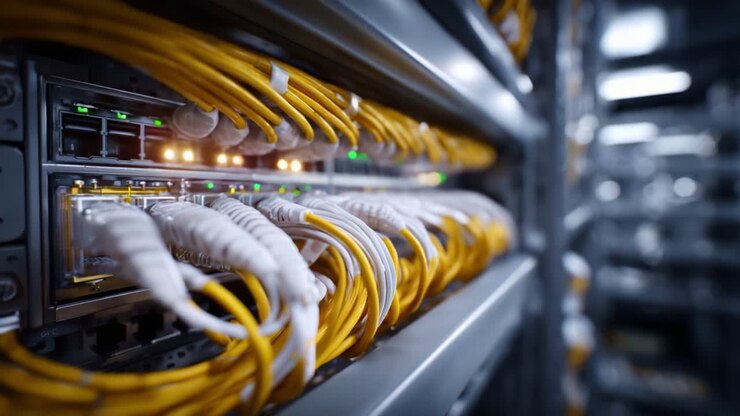 Primo piano di un rack server high-tech con cavi di rete e connettori illuminati, che mostra la complessità delle moderne connessioni dati in un data center