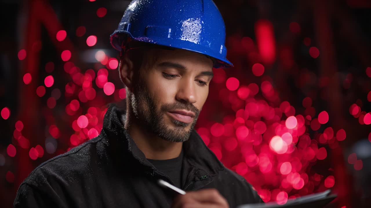 Focused Worker in Blue Hard Hat Writing Notes, Surrounded by an Out-of-Focus Red Background, Creating a Contrast of Colors while Demonstrating Professionalism and Attention to Detail in a Construction Setting