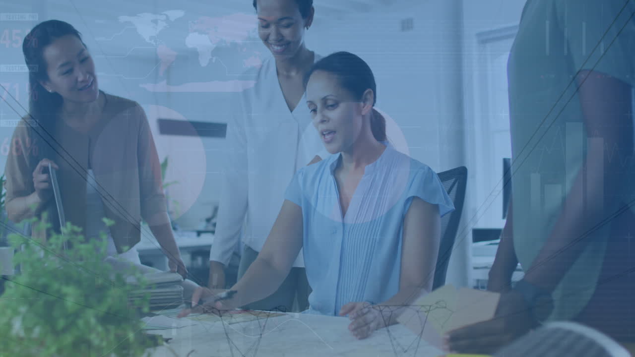 Animation of infographic interface, transmission towers, woman explaining blueprint to coworkers
