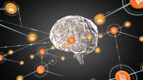 iconos interconectados de carrito de compras y bloqueo en el cerebro, que representan la seguridad del comercio electrónico