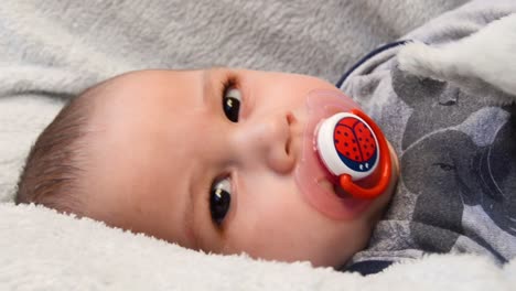 CLOSE-UP-of-cute-baby-in-a-stroller-while-sucking-on-a-pacifier-and-watching-the-camera