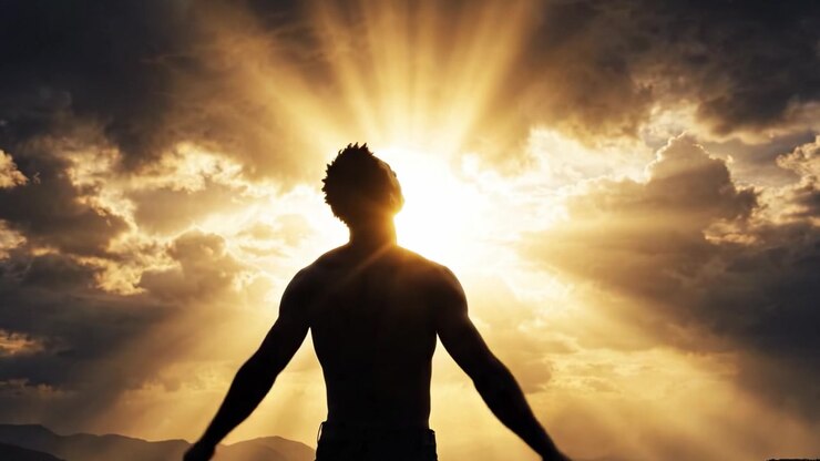 A silhouette of a person standing in awe before a magnificent sunrise, arms outstretched, embodying freedom and hope in the illuminating glow of dawn.