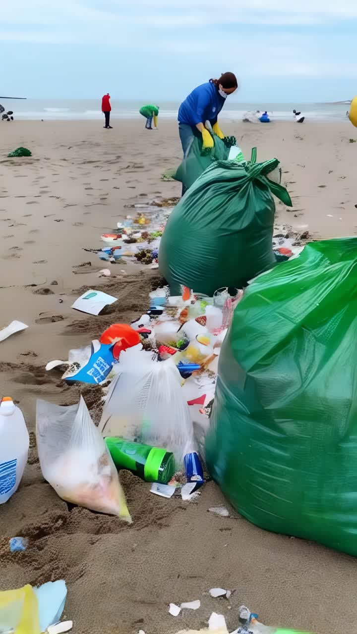 A beach is littered with trash, including plastic bottles and bags