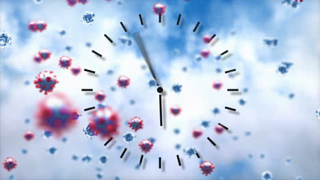 animation of multiple covid 19 cells floating around clock moving fast on blue background