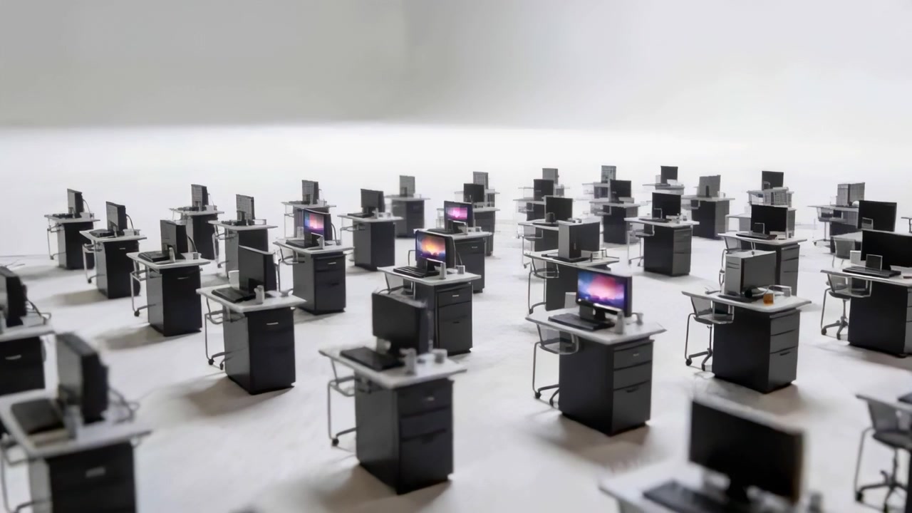 Moving camera revealing rows of identical desks in white room for demonstration, monitors lighting