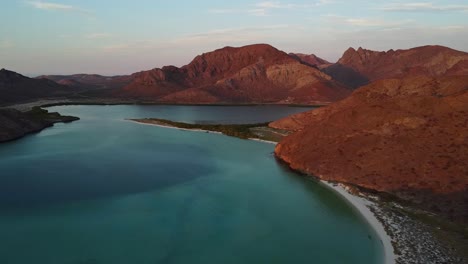 Beautiful-aerial-view-of-landscape-desert-ecosystem-in-Playa-Balandra,-Baja-California-Sur,-Mexico