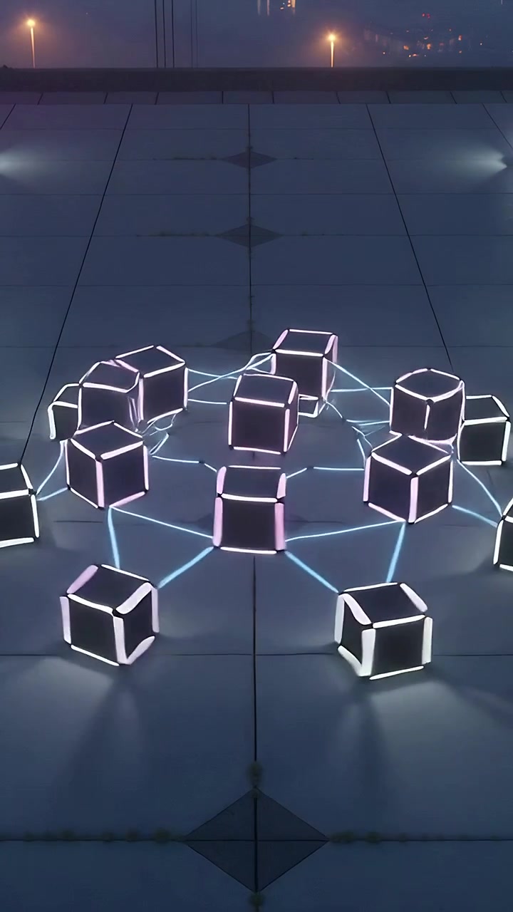 Vertical video: Appearing glowing cubic frames sliding inward from roof, forming neon ring network