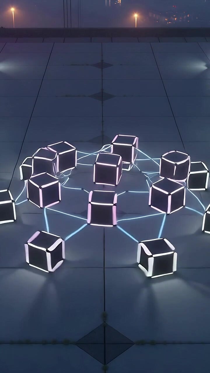 Vertical video: Appearing glowing cubic frames sliding inward from roof, forming neon ring network