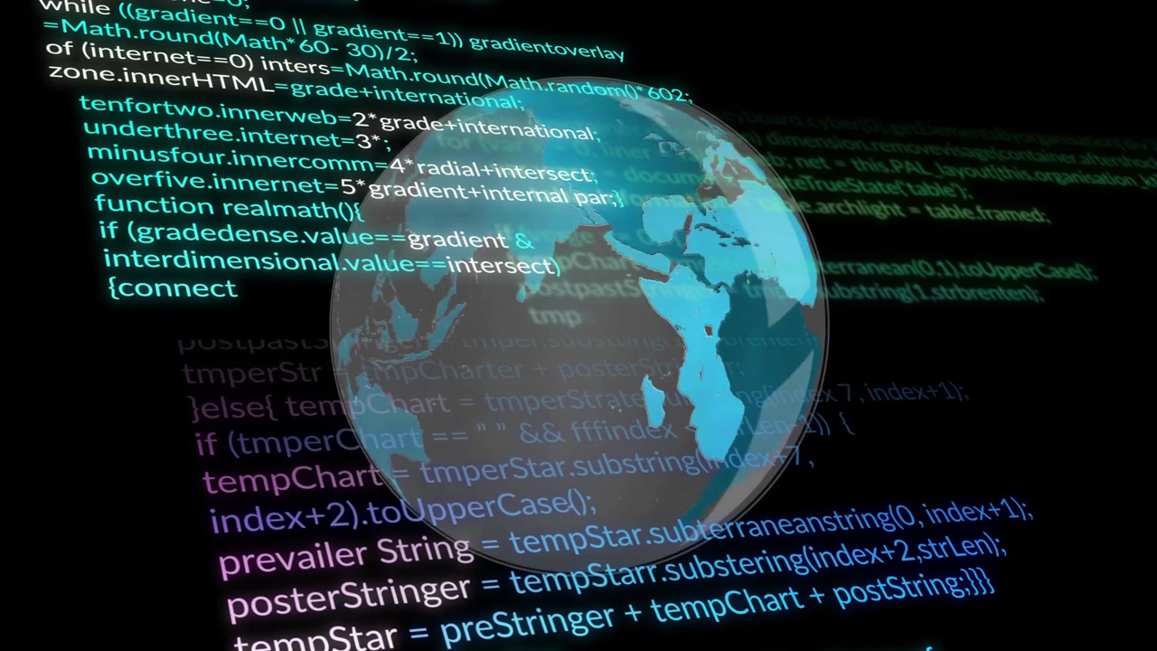 Glass sphere floating over dark UI, showing holographic Earth, scrolling bright code casting glow