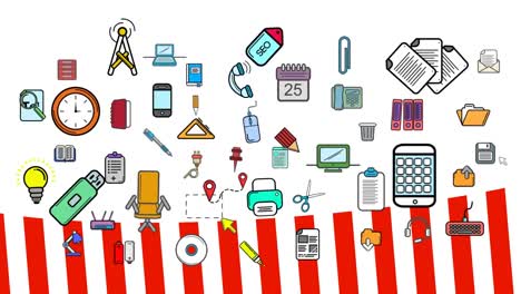 animación de iconos de negocios sobre rayas rojas sobre fondo blanco