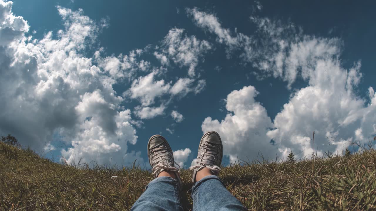 A Relaxing Moment on Grassy Ground: Feet Resting on the Grass Under a Beautiful Sky Filled with Clouds, Perfect for a Peaceful Escape from Everyday Life