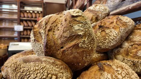 rustic bread loaves in a bakery display
