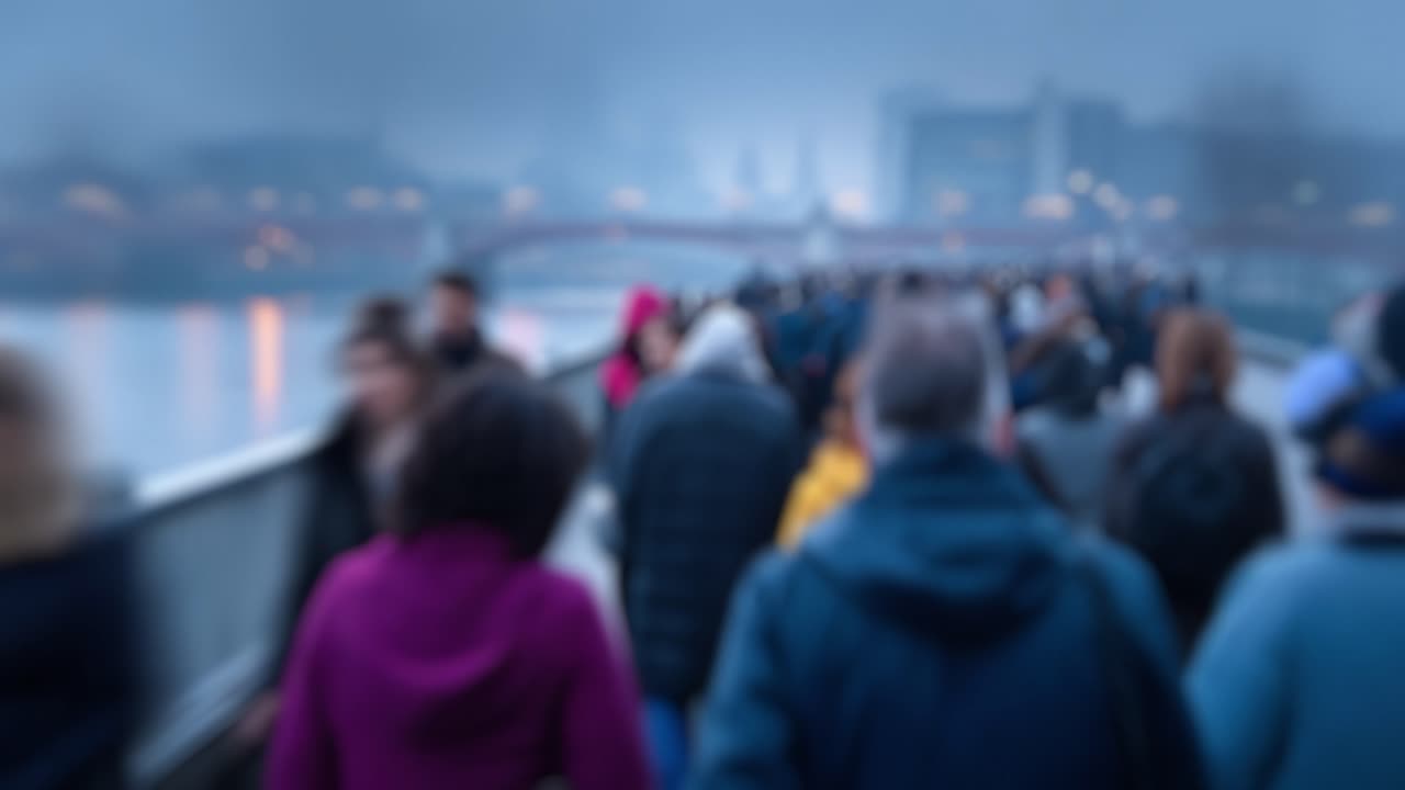 Misty morning on riverbank path. Crowds walk together, bundled against chill. Soft glow reflects off water's surface. People move with quiet purpose, no rush. Ideal for urban, travel